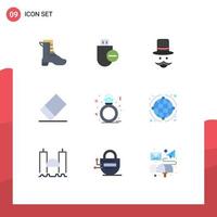 Stock Vector Icon Pack mit 9 Linienzeichen und Symbolen für Ring-Diamant-Stick-Gummihut editierbare Vektordesign-Elemente