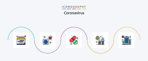 Coronavirus-Linie gefülltes flaches 5-Icon-Pack einschließlich Gebäude. reisen. Medizin. Übertragung. Infektion vektor