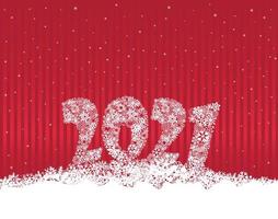 Frohes neues Jahr rot festlichen Vorhang Hintergrund und Schnee. Winterferiengrußkartenentwurf mit Schneefalltapete. Grußkarte mit Schriftzug 2021 aus Schneeflocken vektor