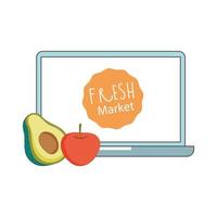 Laptop Avocado und Apfel Frischmarkt Bio gesunde Lebensmittel Gemüse und Obst vektor