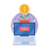 Online-Zahlung, Laptop-Welt und Topfpflanzenmünze, E-Commerce-Markt einkaufen, mobile App vektor