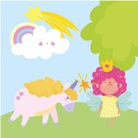 kleine Märchenprinzessin mit Zauberstab Einhorn Regenbogen Fantasie Geschichte Cartoon vektor