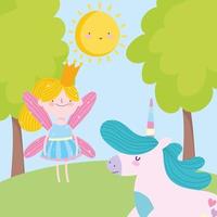 liten älvprinsessa och unicorn skogsträd berättelse tecknad film vektor