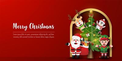 jul vykort banner av jultomten och vänner med julgran vektor
