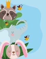 niedliche Karikatur Tier entzückende kleine Elefant Waschbär Kaninchen und Bienen Laub Blätter vektor