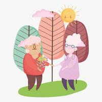 glücklicher Großelterntag, älteres Paar blüht Cartoon, Großvater Großmutter Charaktere vektor