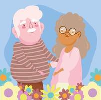 lycklig morföräldrar dag, äldre par tecknad, farfar mormor karaktärer blommor dekoration vektor