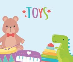 barn leksaker objekt underhållande tecknad björn piano dinosaurie trumma och pyramid vektor