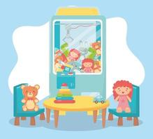 barnleksaker objekt underhållande tecknad teddyplockmaskin bordstolar med dockbjörnbil vektor