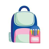 tillbaka till skolan utbildning ryggsäck och färgpennor i låda vektor