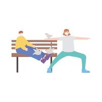 Menschen mit medizinischer Gesichtsmaske, Frau, die Übung und Jungen sitzt auf Bank mit Tauben, Stadtaktivität während Coronavirus sitzend vektor