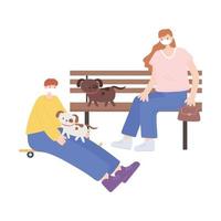 personer med medicinsk ansiktsmask, kvinna som sitter på bänken och pojke med skridskor och hundar, stadsaktivitet under koronavirus vektor