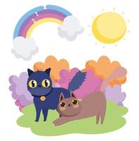 Cartoon schwarze und braune Katzen in Gras Himmel Haustiere vektor