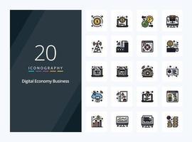 20 digital ekonomi företag linje fylld ikon för presentation vektor
