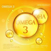 fiskoljeannonsmall, omega-3 softgel med dess förpackning. orange bakgrund. 3d illustration. vektor