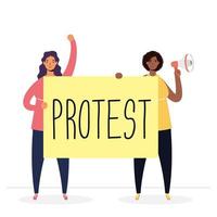 interracial kvinnor protesterar med megafon och plakat vektor