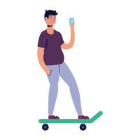 ung man på skateboard med smartphone-teknik vektor