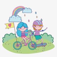 lycklig barns dag, söt pojke och flicka ridning cykel och skateboard i parken vektor