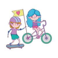lycklig barns dag, barn cyklar och skateboards i parken vektor