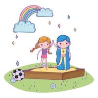 lycklig barns dag, liten flicka håller hand i sandlådan lekplats vektor