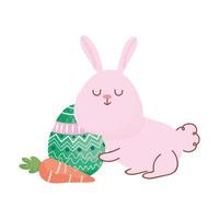 niedliches Kaninchen des glücklichen Osters mit Karotten- und Eierdekoration vektor