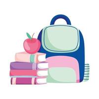 Zurück zur Schule gestapelte Bücher Apfel und Rucksack Cartoon vektor