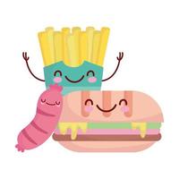 Sandwich Wurst und Pommes Frites Menü Charakter Cartoon Essen süß vektor