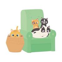Katzen machen mich glücklich, Kätzchen auf dem Sofa und Katze im Weidenkorb vektor