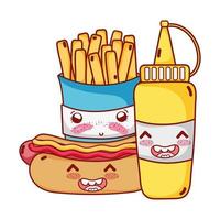 Fast Food niedlichen Pommes Frites Hot Dog und Senf Cartoon vektor