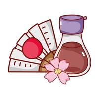 Kawaii Sake Fan und Sakura Flower Food japanischer Cartoon, Sushi und Brötchen vektor