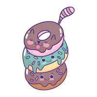 niedliches Essen Donuts Kawaii süßes Dessert Gebäck Cartoon isoliert Design vektor