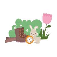 Camping niedliches Kaninchen mit Kompassstiefel Blumenbusch Natur Cartoon vektor
