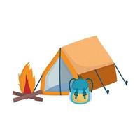 camping tält ryggsäck bål tecknad isolerad ikon design vektor