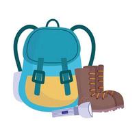 Camping Rucksack Stiefel und Taschenlampe Ausrüstung Cartoon vektor