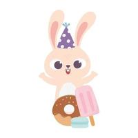 lycklig dag, kanin med fest hatt munk och glass i pinne vektor