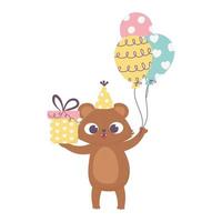 glad dag, liten björn med gåva och ballonger tecknad vektor