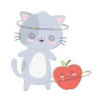 söt glad katt och apple kawaii seriefigur vektor