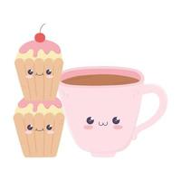 söt kaffekopp och muffins kawaii seriefigur vektor