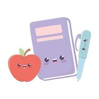 söt bok penna och apple kawaii seriefigur vektor