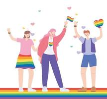 lgbtq Gemeinschaft, Gruppe Frauen mit Regenbogenherz und Flagge feiern, Homosexuell Parade sexuelle Diskriminierung Protest vektor