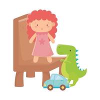barnleksaker docka på stol dinosaurie och bilobjekt underhållande tecknad vektor