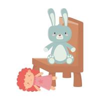 Kinderspielzeug Holzstuhl mit Kaninchen und Puppe Objekt amüsanten Cartoon vektor