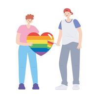 lgbtq Gemeinschaft, junge Menschen mit Herzfahne Regenbogen feiern, Homosexuell Parade sexuelle Diskriminierung Protest vektor