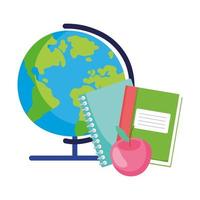 Zurück zur Schule, Globus Karte Buch Notizbuch und Apfel Grundschul-Cartoon vektor