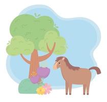 söt häst blommar träd gräs tecknade djur i ett naturligt landskap vektor