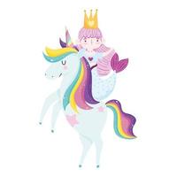 söt liten sjöjungfru på unicorn regnbågshår tecknad mörk bakgrund vektor