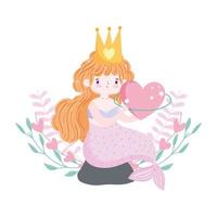 söt liten sjöjungfru med rosa svans som sitter på sten med hjärtplanet vektor