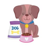 Tierhandlung, brauner Hund sitzt mit Fressnapf und Packtier-Hauskarikatur