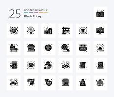 Schwarzer Freitag 25 solides Glyphen-Icon-Pack inklusive Schild. horten. Prozentsatz. Planke. Etikett vektor