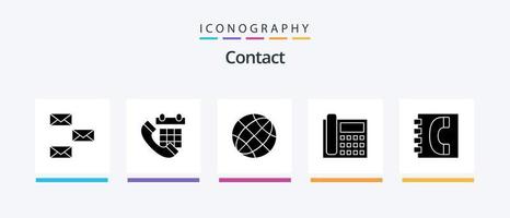 Kontakt Glyph 5 Icon Pack inklusive Kontakt. Anruf. Datum. Globus. kontaktiere uns. kreatives Symboldesign vektor